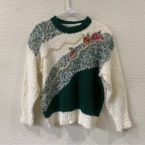 Vintage Boucle Needles & Yarn Floral Embroidered Green and White Sweater sz L